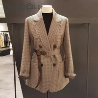 with a belt high quality plaid women jacket casual double breasted sashes suit jacket female work blazer slim blazer outwear