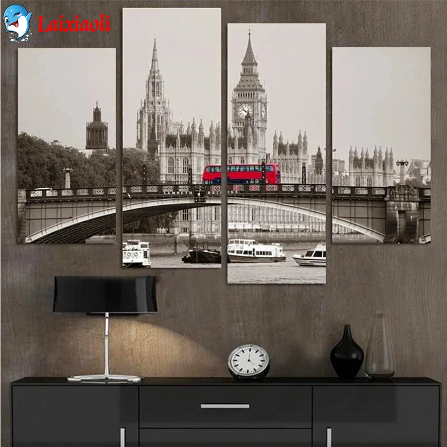 

Картина с квадратными стразами 5D "сделай сам", 4 шт., Настенная картина с изображением Лондона Биг-Бена и красного автобуса, вышивка крестиком