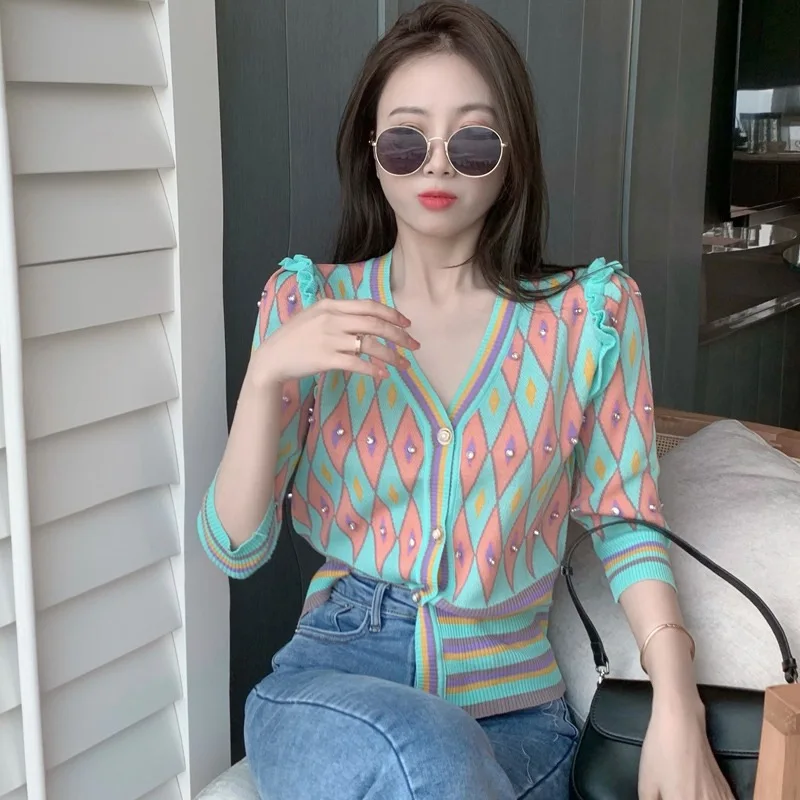 

Female 2021 New Cropped Cardigan Knitting Coat V-neck Sweater Thin Small Sweet Wind Coat