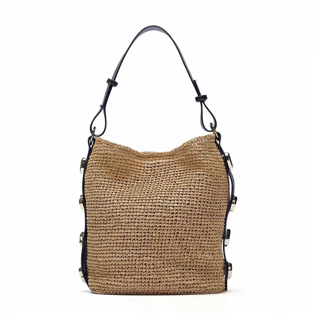 

Богемные соломенные сумки с заклепками, женская сумка через плечо, брендовая Большая вместительная тканая пляжная сумка, летняя дорожная с...