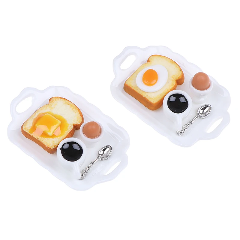 

1:12 Dollhouse Miniature Breakfast Set Hamburger Croissant Toast Egg Coffee with Tray Kitchen Food Accessories