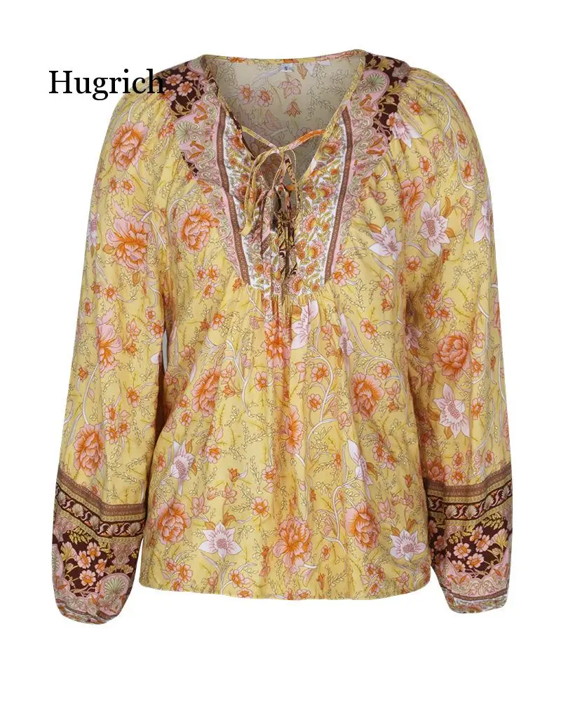 

Women's Autumn 2021 Long Sleeve Lace Up Romantic Holiday Flower Print Top