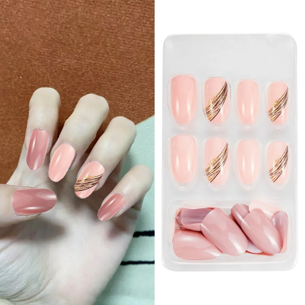 Pink Color Oval Head False Nail Long Coffin Detachable Fake Nail Tips Wearable Women Acrylic Full Cover Manicure Tool 24 Pcs/set