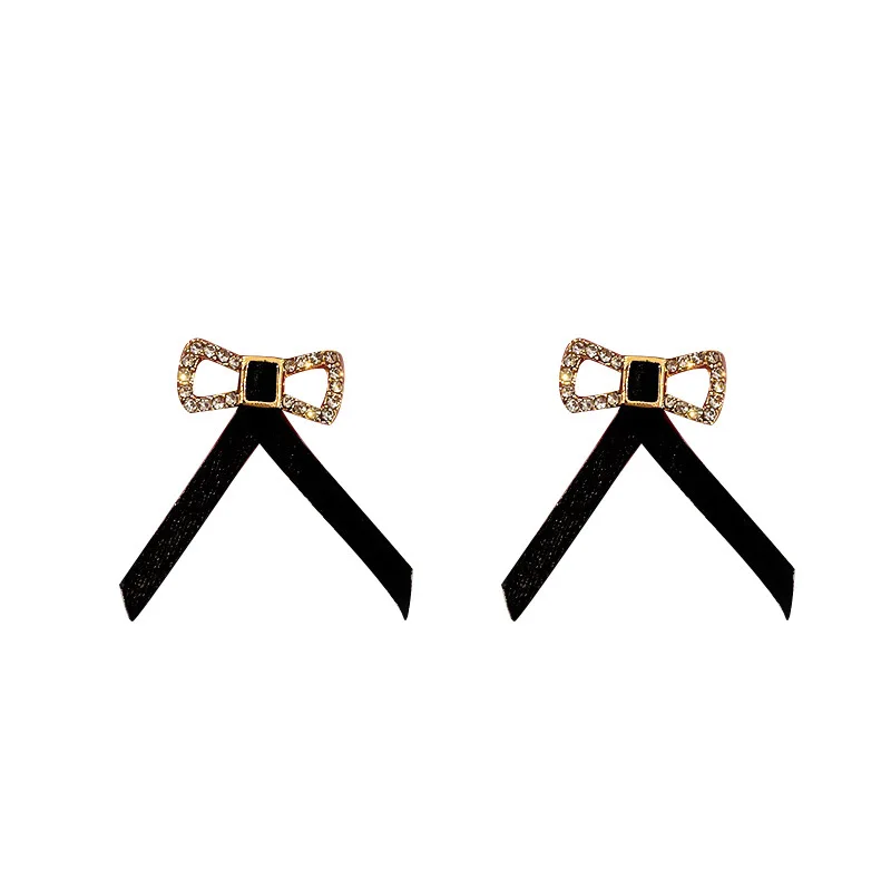 

Minar Vintage Black Color Velvet Bowknot Drop Earrings for Women Sparkly Rhinestone Cross Knotted Hanging Earrings Jewellery