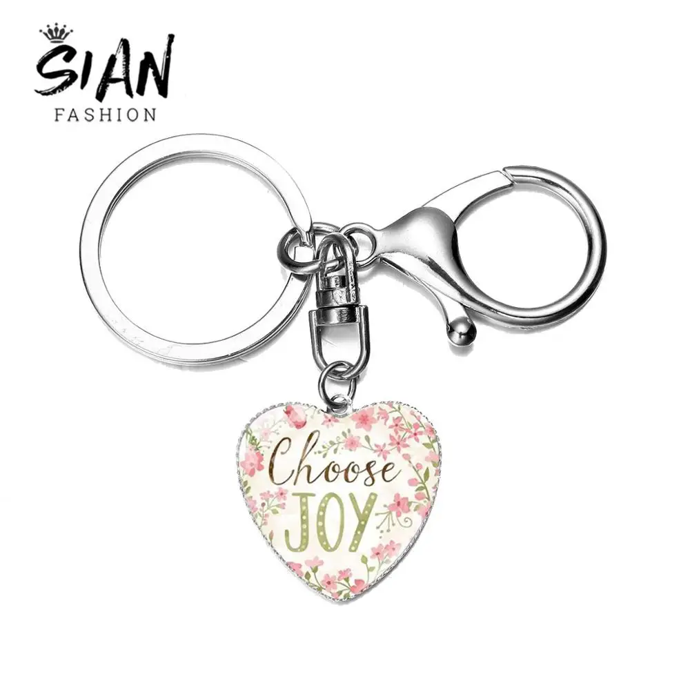 

SIAN Choose Joy Pendant Keychains Heart Pattern Glass Cabochon Family Love Key Holder Zinc Alloy Lobster Clasp Women's Keyrings