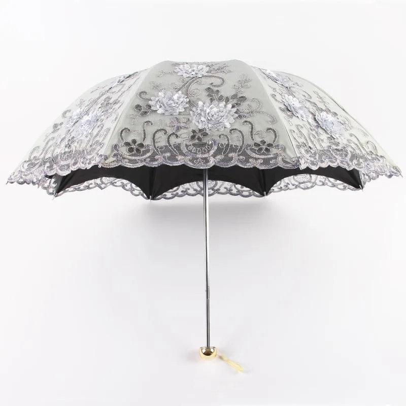 

New folding umbrella embroidered lace double black plastic tri-fold umbrella anti-UV sun umbrella multiple colors optional