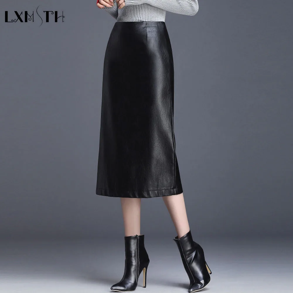 LXMSTH черная длинная юбка из искусственной кожи Женская Осенняя с разрезом сзади