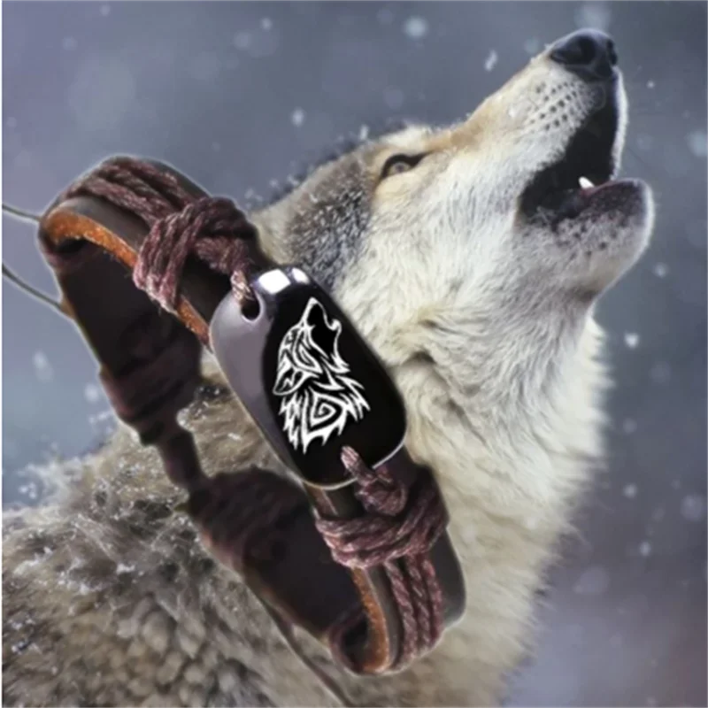 

Vintage Fashion Braided Woven Rope Leather Unisex Bracelet Wolf Logo Fashion Jewelry for Women Man wholesale