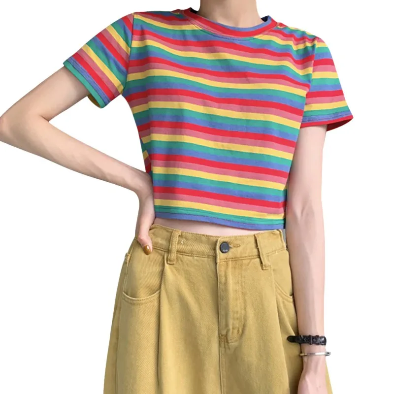 

2020 Women's T-shirt Rainbow Stripe T-shirt O-collar Harajuku Loose T-shirt Ladies Clothes Short Sleeve Women's Summer Clothing