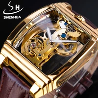 shenhua transparent royal luxury waterproof automatic mechanical watch leather band skeleton tourbillion gold luminous clock