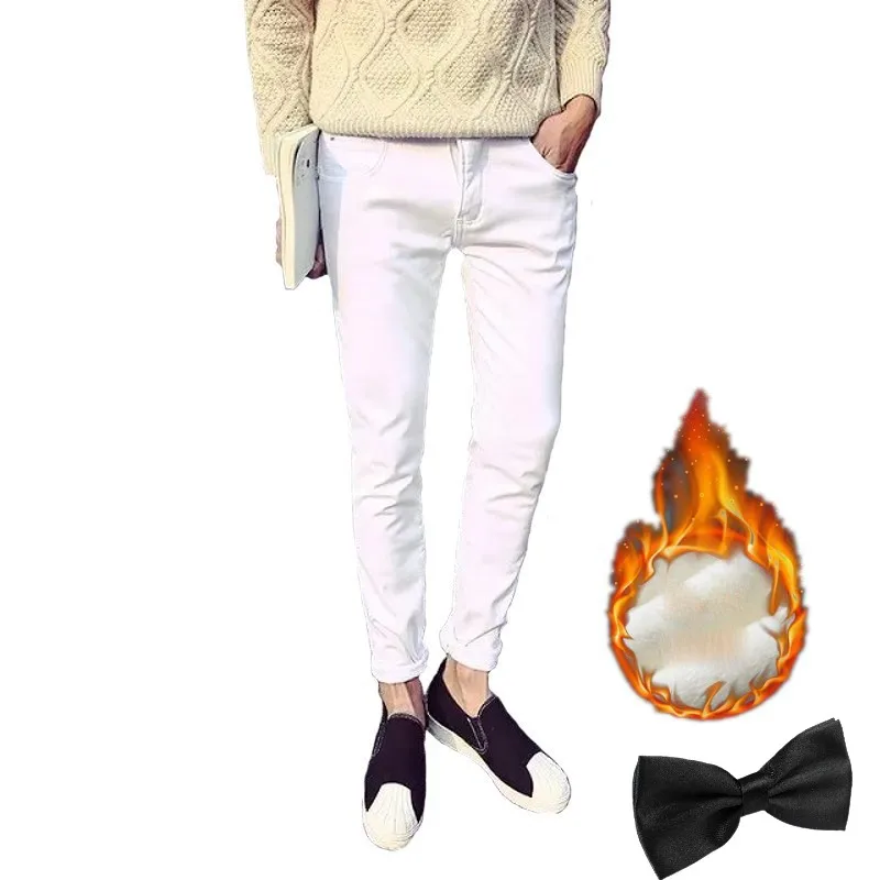 Fleece Jeans Классические повседневные обтягивающие джинсы для молодых мужчин, Стрейчевые однотонные белые мужские узкие качественные джинсовые штаны, мужские уличные теплые флисовые модные штаны - Цвет: Fleece Jeans