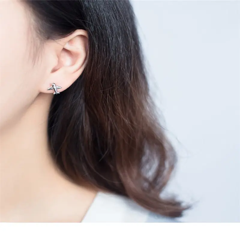 

A00247 Punk Real 925 Sterling Silver Zircon Stud Earrings Airplane Fashion Accessories For Women Birthday Party Jewelry