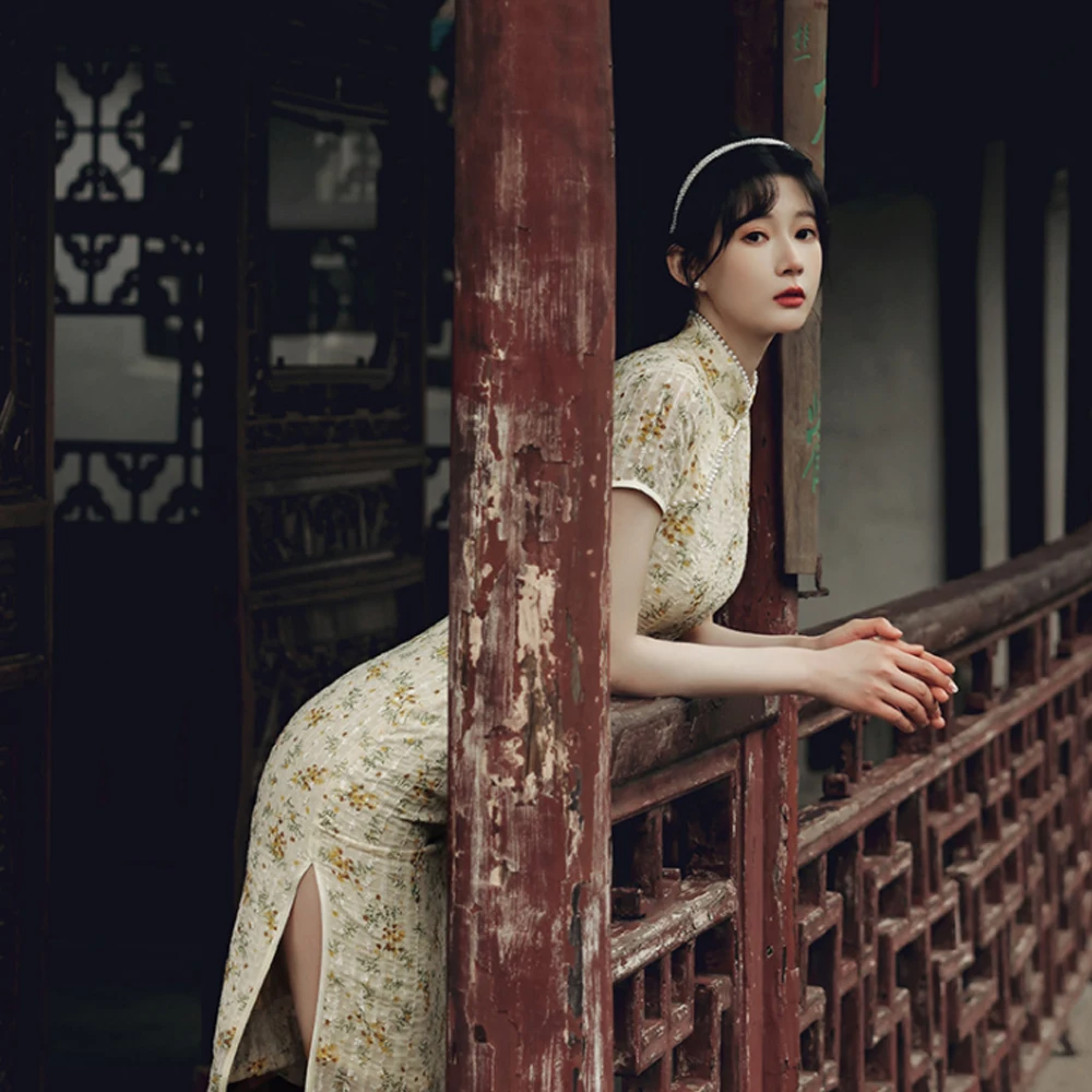 

Summer Chinese Improved Cheongsams Young Girls Midi Split Short Sleeve Floral Printing Chiffon Dress Cosplay Costume For Women