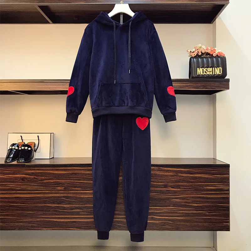 

Plus Size 2021 Women Hoodies and Sweatpants Navy Tracksuits Female Two Piece embroidery Pullovers Jacket Lounge Wear Casual big