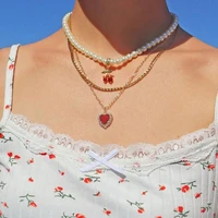 vintage shiny crystal heart shaped cherry pearl beaded choker necklace for women girls multi layer metal chain necklaces jewelry