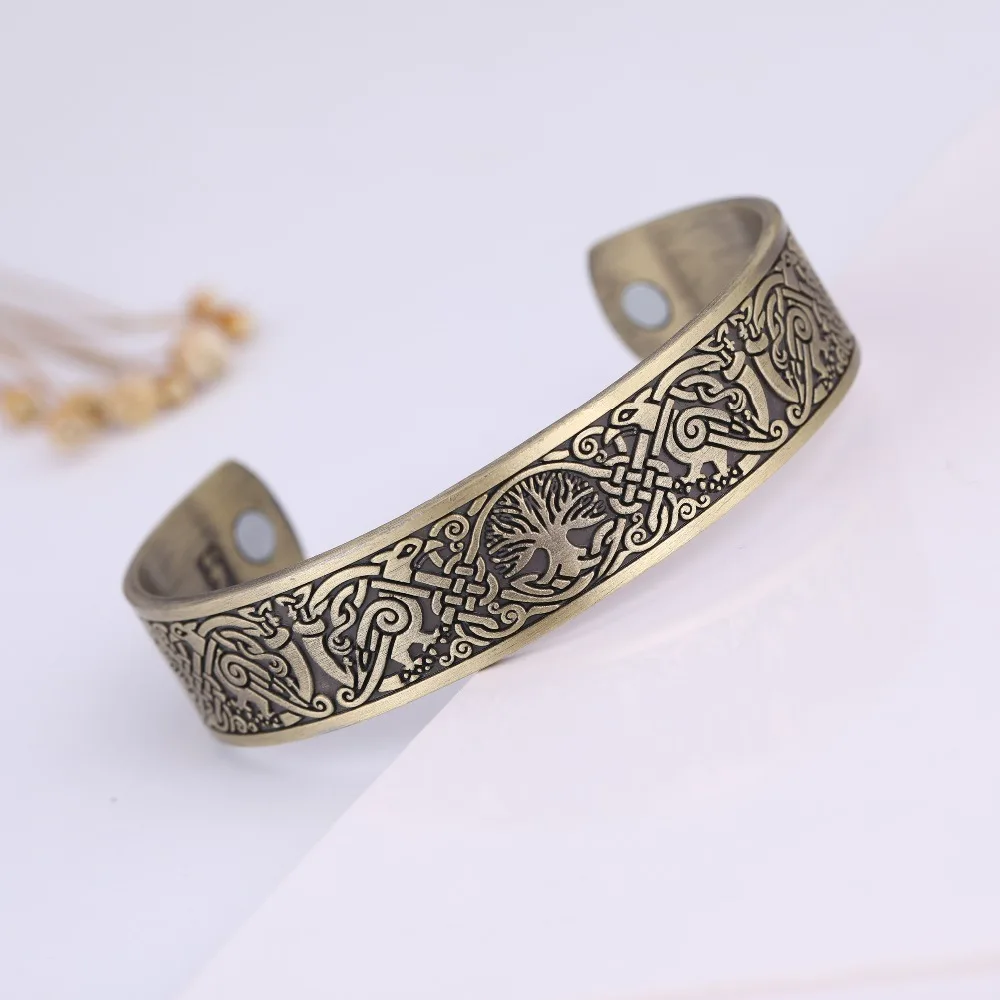 Skyrim Vintage Tree of Life Ravens Birds Cuff Bracelets Magnetic Health Open Viking Amulet Bangles For Men Nordic Myth Jewelry