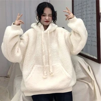 anbenser women hoodies winter lamb plush warm solid color white plus velvet thickening casual loose lantern sleeve women hoodie