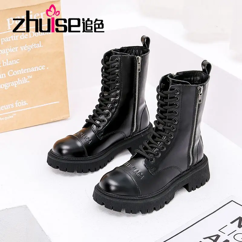 

Женские сапоги для верховой езды в Париже, модные крутые новые кожаные сапоги на толстой подошве в британском стиле, черные средней длины, ...