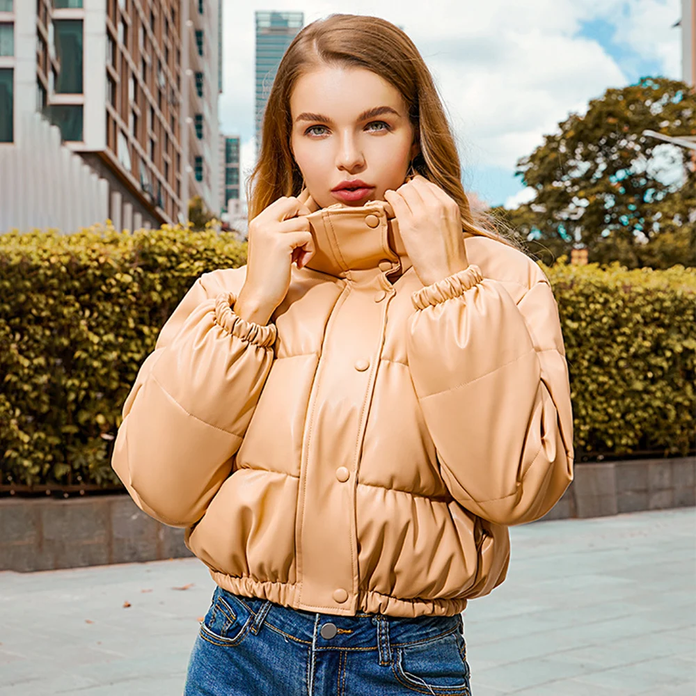 

Women's Cotton Jacket Casual Fashion Sexy Simple Style Long-sleeved Zipper Stand-up Collar Solid Color Leather Warm Thick Top