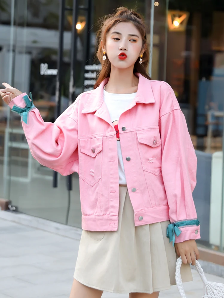 MUMUZI Осенняя новая джинсовая куртка Женская мода пуговицы сзади Цветочная