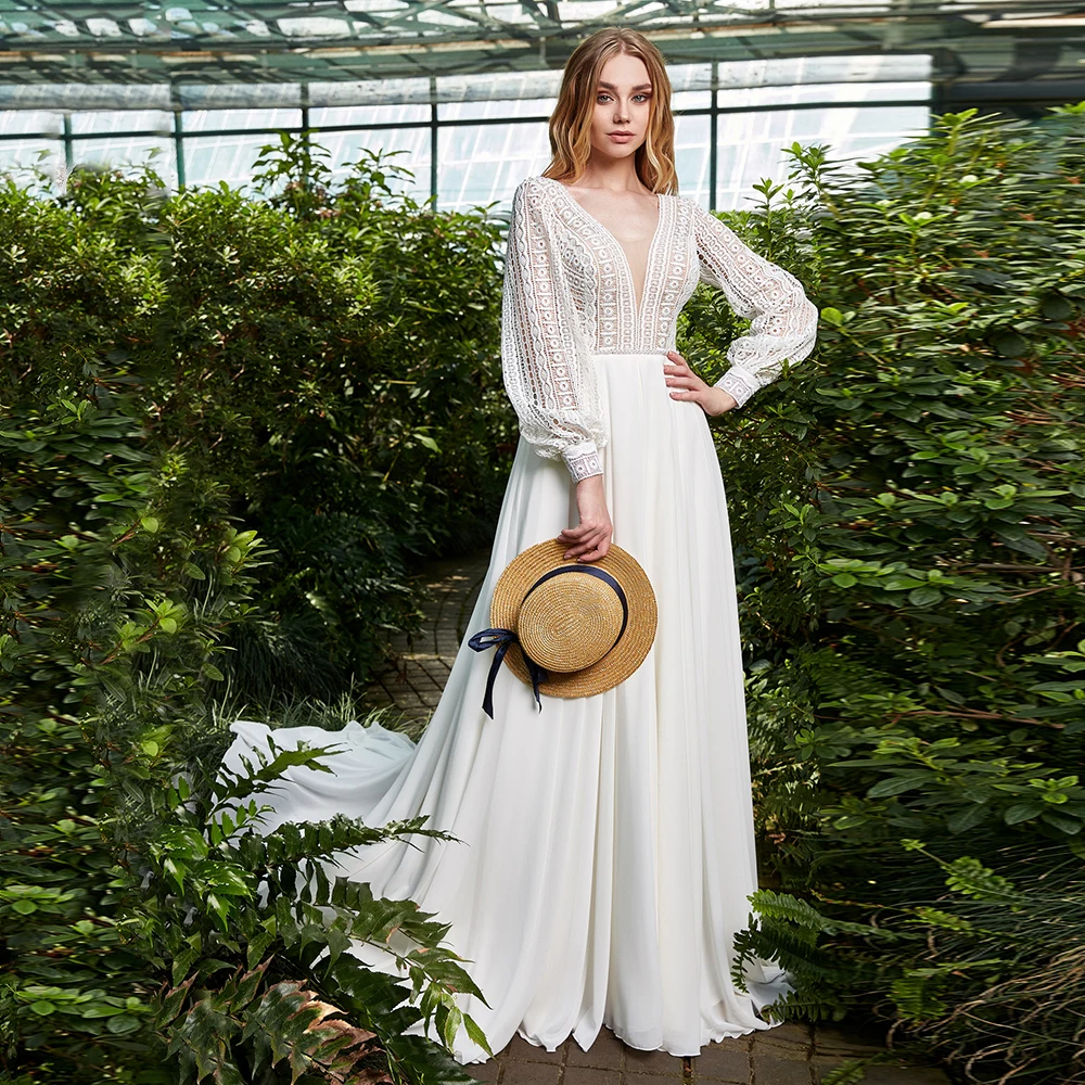 

Civil Chiffon Wedding Dress Cool Stylish Lace Long Sleeves Bohemian Bridal Gown For Bride Double V Neck Cвадебное платье 2021