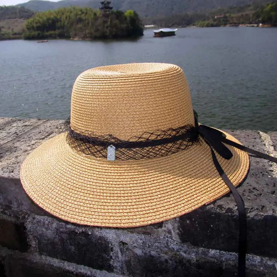 Женская летняя шляпа с широкими полями соломенная Черная кружевная пляжная