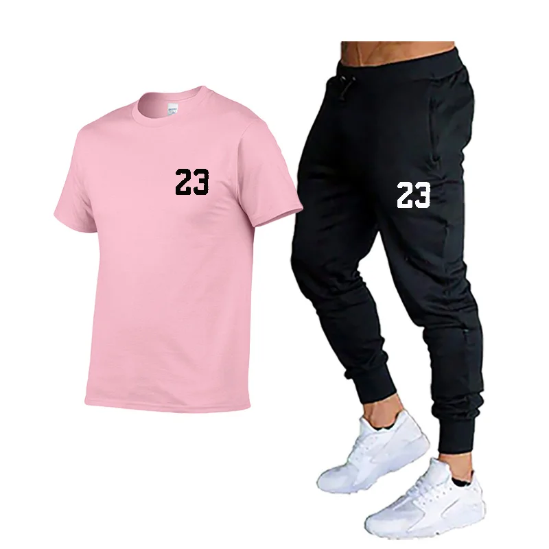

2021 Fashion Brand Men's Sports Suit O-neck Short-sleeved Top + Trousers 2-piece Suit All-match Casual Men's Suit Men's Top