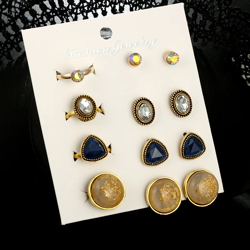 

12 Pcs Fashion Retro Oval Triangle Black Color Stud Earrings