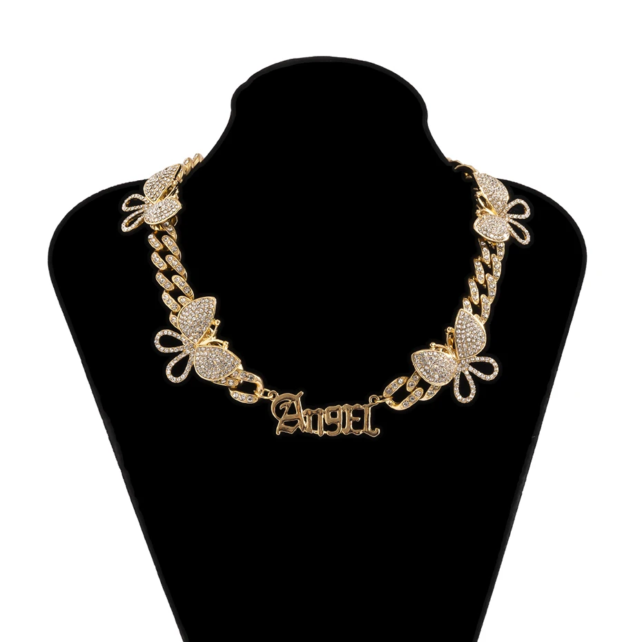 

YOUVI Fully Iced Out Crystal Butterfly Necklace for Women Goth Cuban Chains Necklace Cubic Zircon Angel Pedant Collar Jewelry