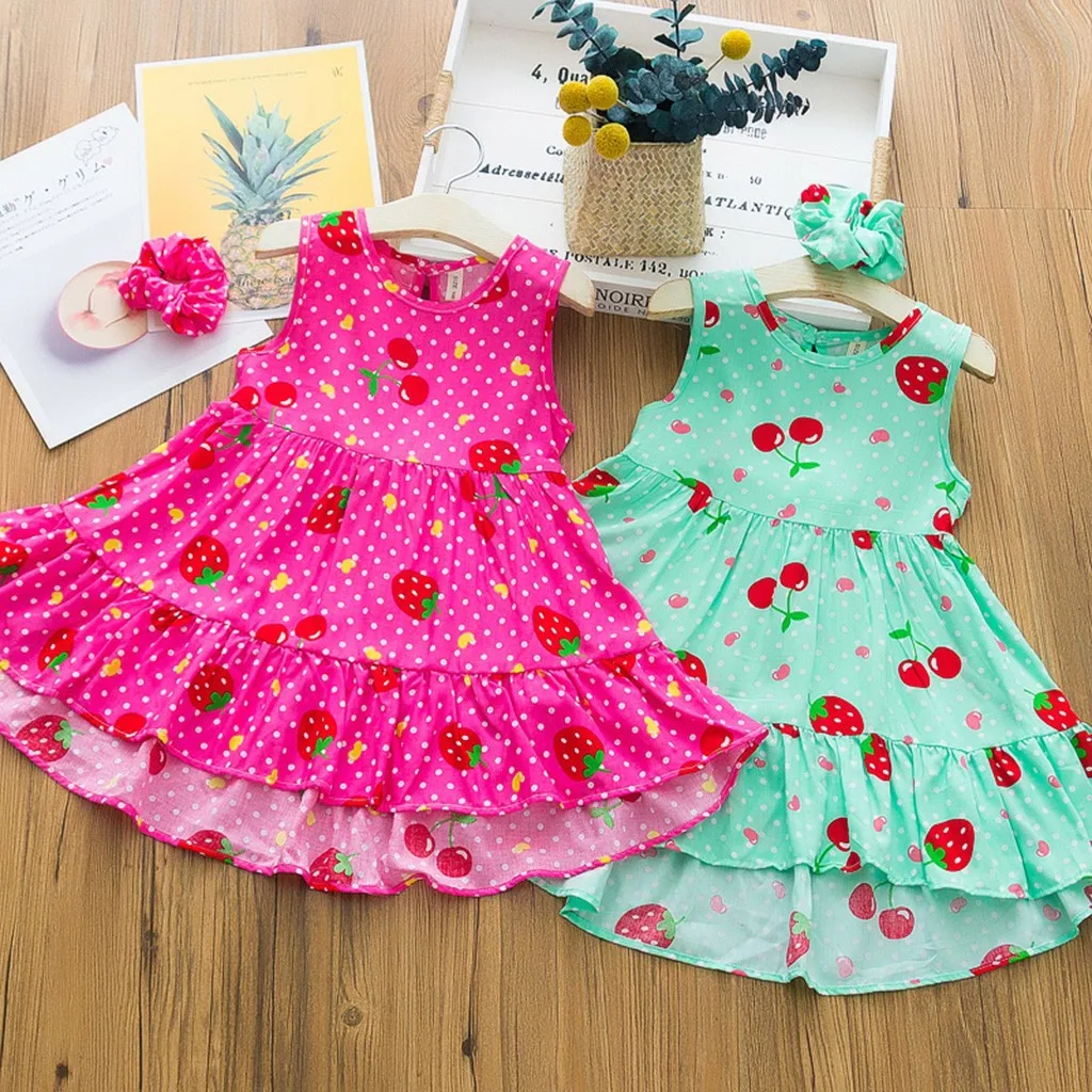 Baby Kids Girls Sleeveless Strawberry Dot Printed Dress+Headband Clothes Set 1 2 3 4 Years | Детская одежда и обувь