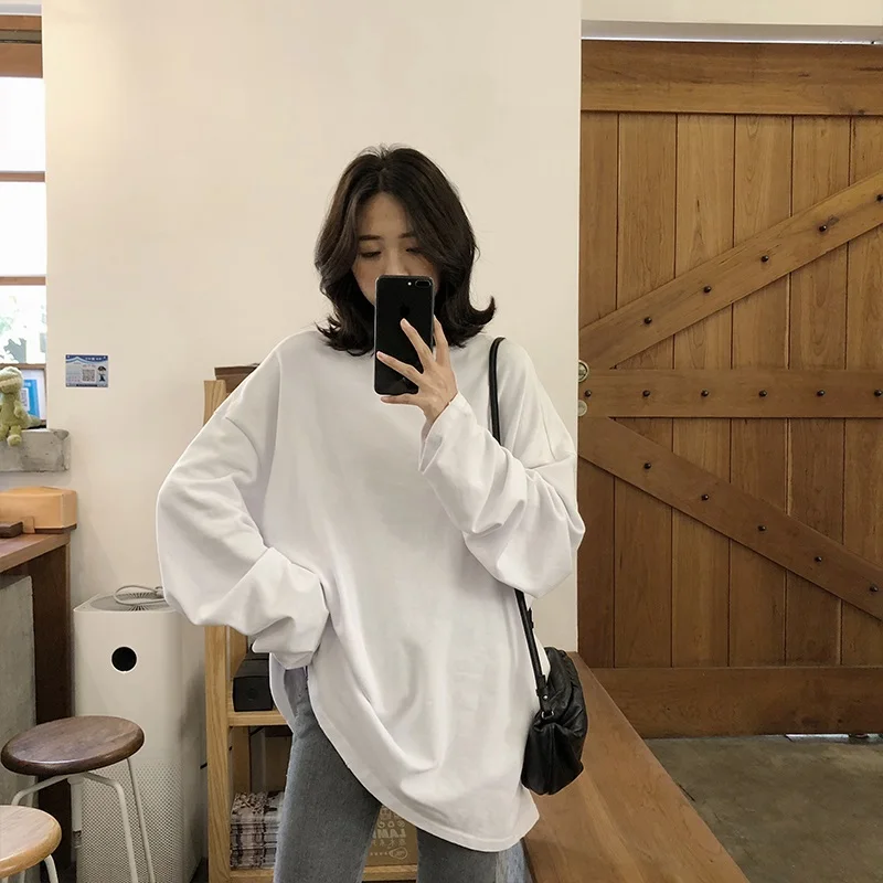 

2021 spring Solid Simple oversized tshirt harajuku long T Shirt Women kawaii T-shirts Women 90s White yellow long Sleeve Tops