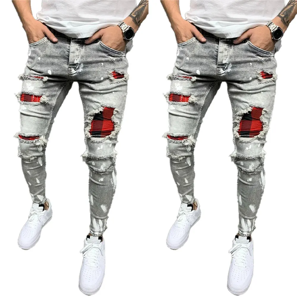 

Men's Denim Pants Ripped Joggers Plaid Patchwork Jeans Bottoms Slim Stretch Trousers Casual Biker Streetwear Hip Hop Joggers