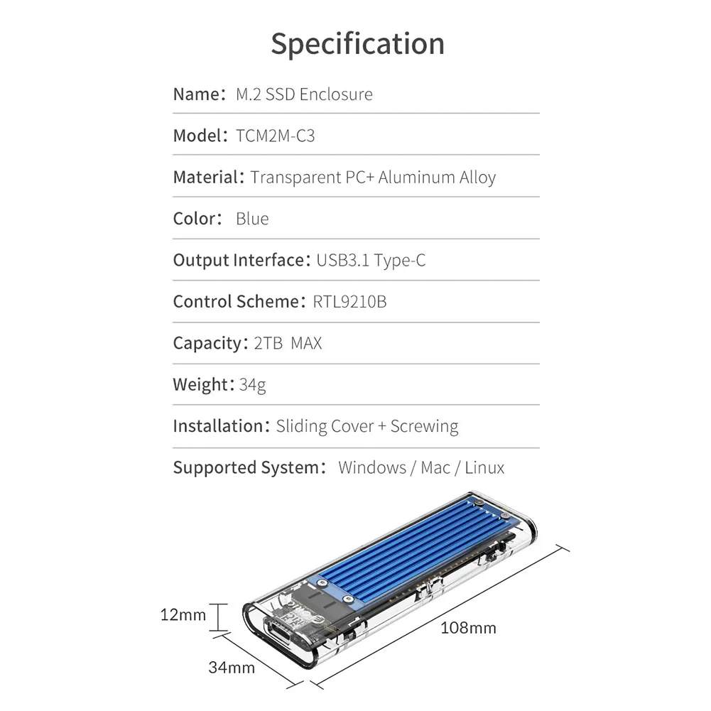 Support 2TB HD Enclosure Super Speed SSD Enclosure M.2 NVMe/SATA Mobile Hard Drive External Case for Windows