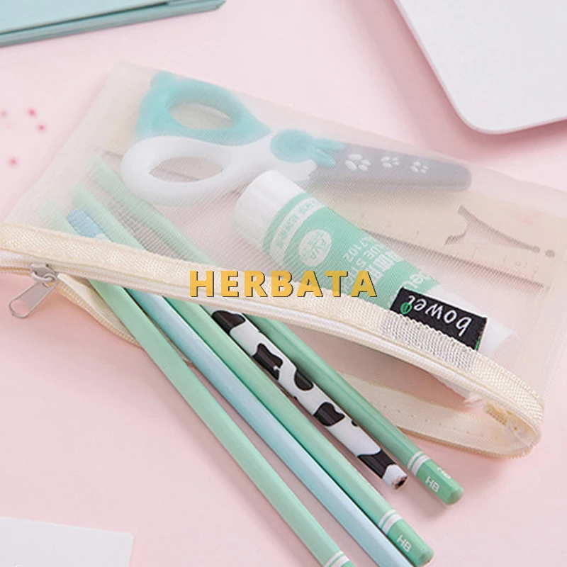 Creative simple transparent gauze large-capacity portable zipper pencil case student stationery bag pouch desk organizer | Канцтовары