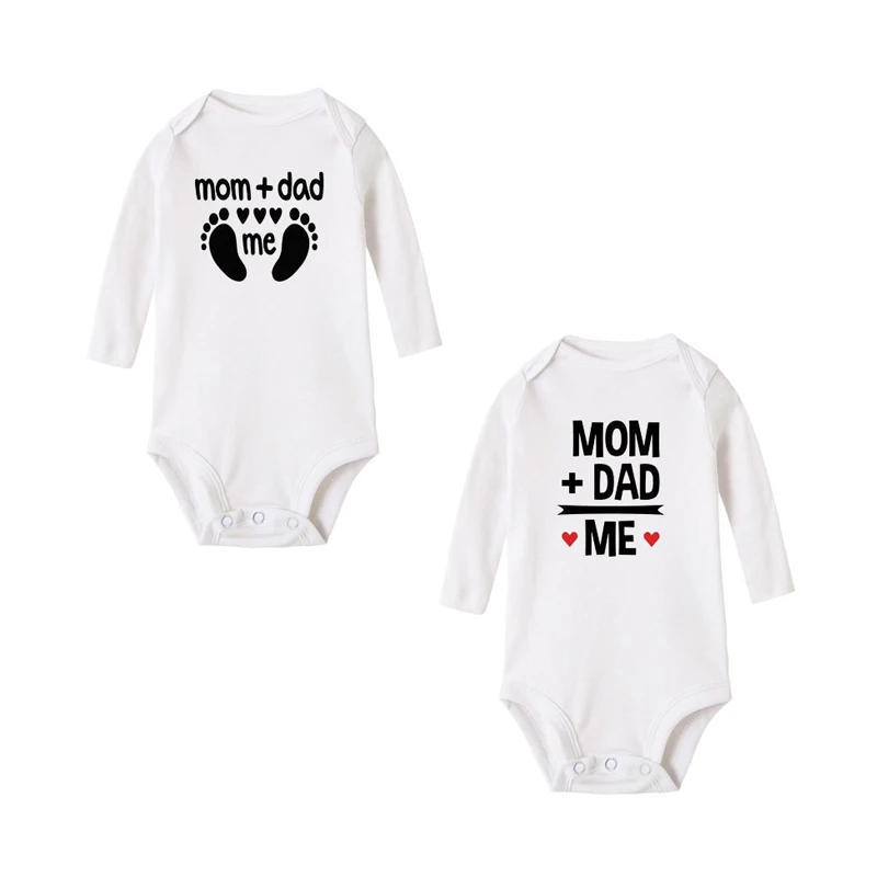 

2021 Mom + Dad = Me Baby Bodysuit Newborn Long Sleeves Funny Letter Rompa Boys Girls Casual Jumpsuit Clothes 0-24 Months