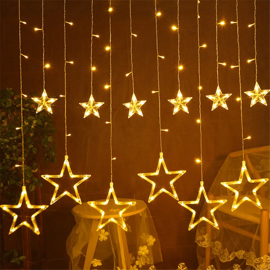 

Рождественская светодиодный ная занавеска Thrisdar в форме сосулек, штора в форме звезды, сказочные огни, 8 режимов, разноцветные Рождественски...
