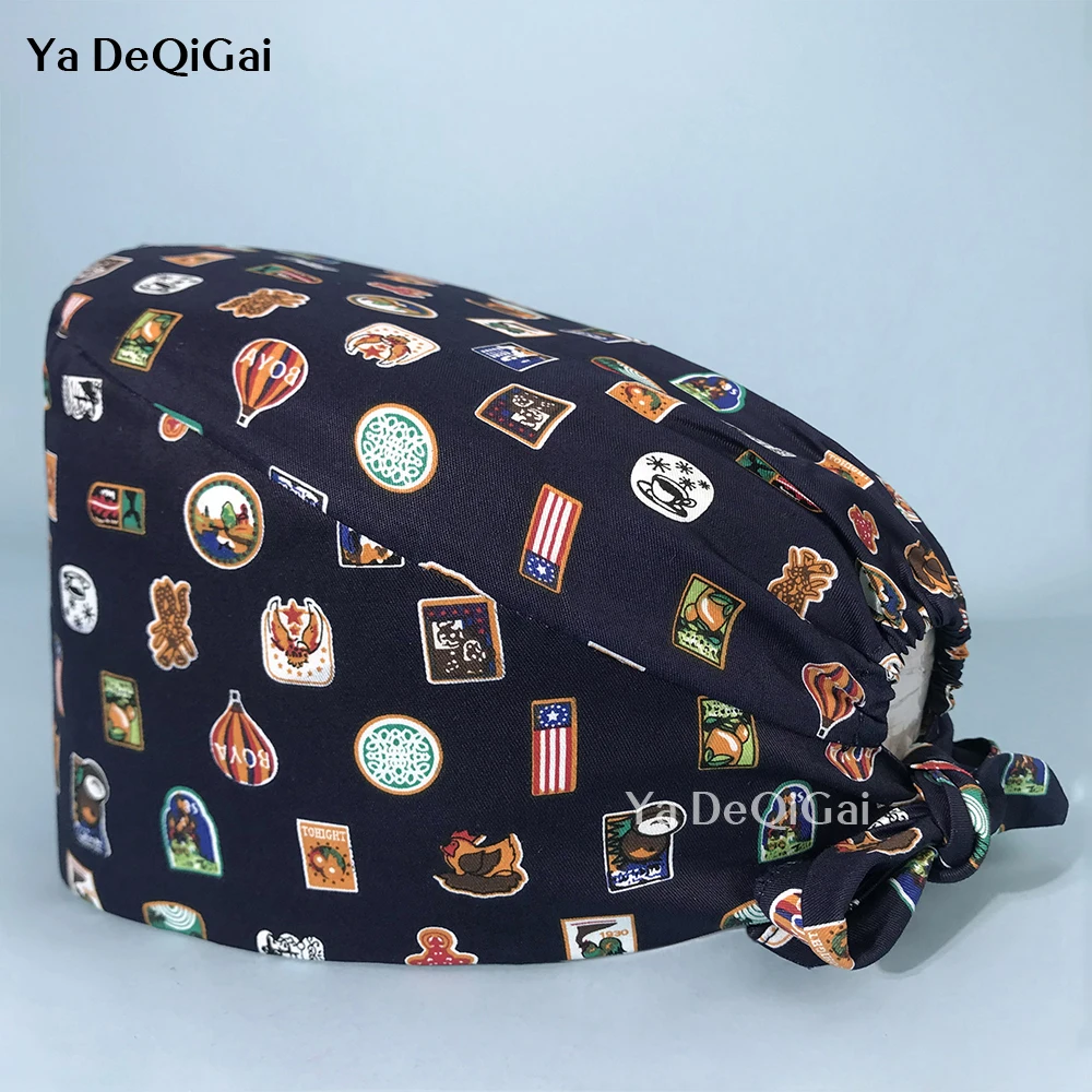 

Breathable cotton unisex high quality nursing cap multicolor printing lab pet clinic scrubs cap hospital nurse hat wholesale new