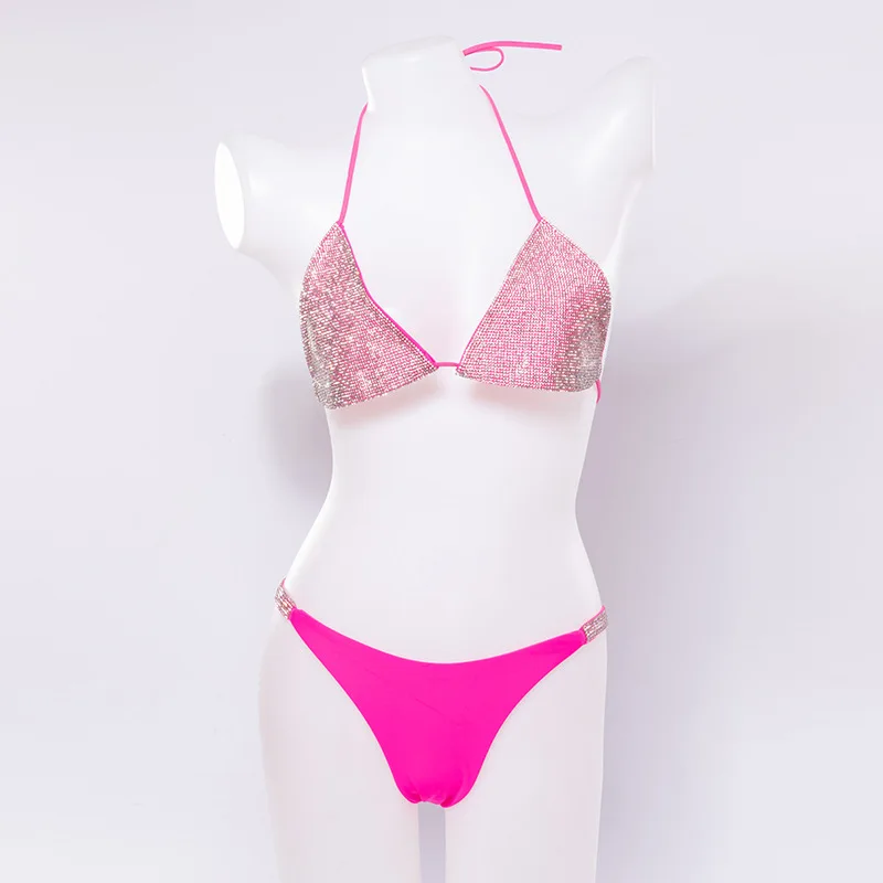 

Shiny Summer Beach Outfits Sexy Lingerie Set Underwear Bikini Set Rhinestones Bra Brief Set Women Halter Bra Panties 2 Piece Set