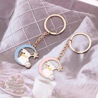 diy cute cartoon keychain for women girl moon rabbit crystal pearl colorful pendant metal key ring lovely jewellery gifts 2019