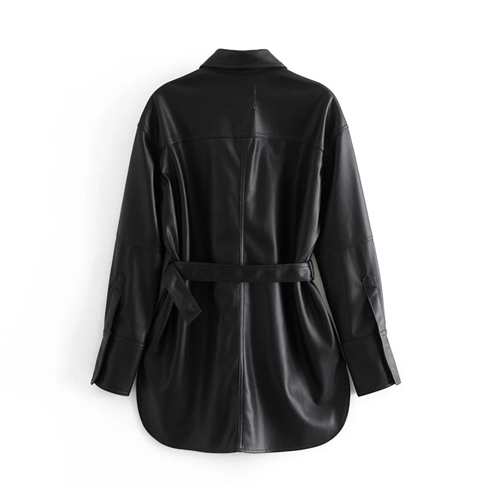 Women 2021 Fashion With Belt Faux Leather Loose Jacket Coat Vintage Long Sleeve Pockets Female Outerwear Chic Tops