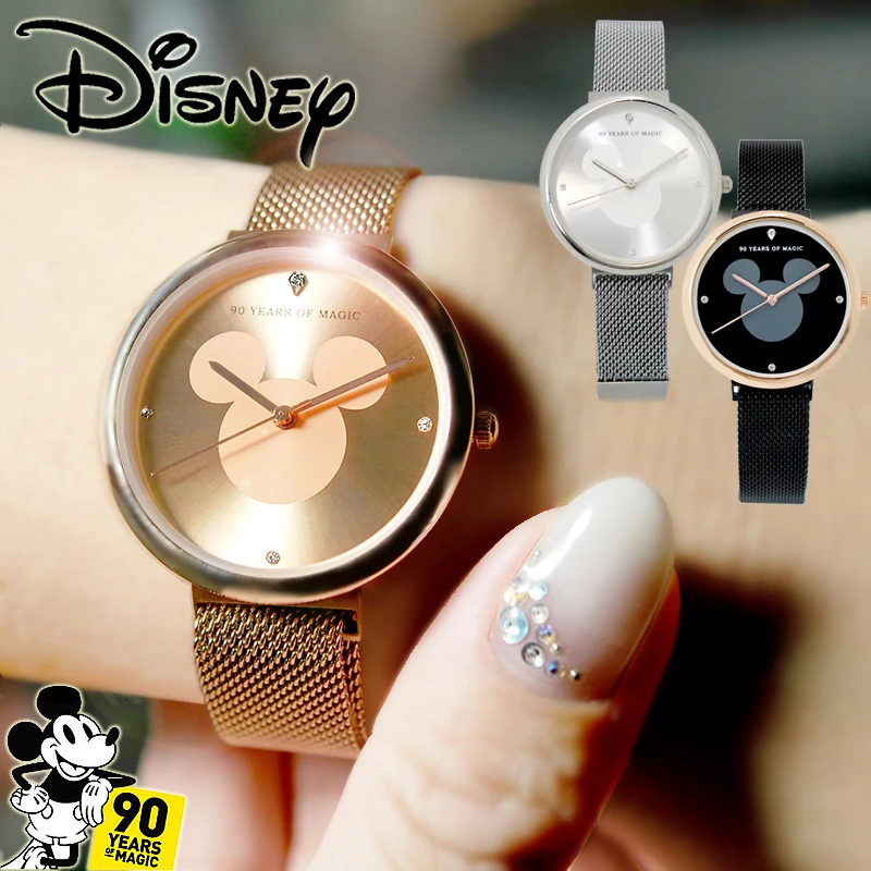 Disney official Original Mickey Mouse Women Watches Stainless Steel Ladies Rose Gold Quartz Clocks Waterproof 90 Years Of Magic | Наручные