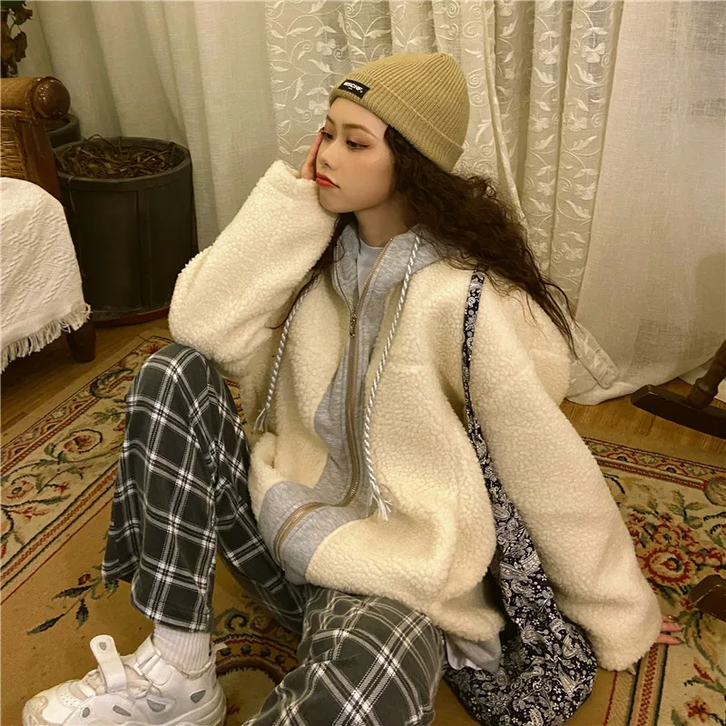

Women Coat Hoodies Sweatshirt Lamb Wool Coat Student Thickened Loose False Two Piece Casual Hooded Coat Zipper Sweater