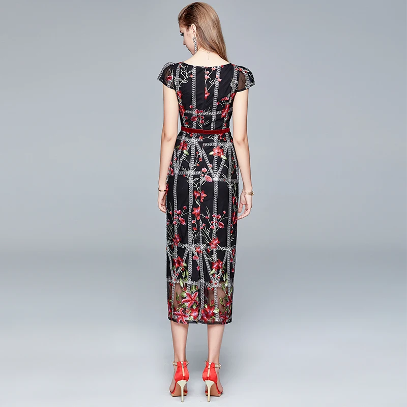 

Floral Embroidery High Waist Straight Dress Elegant Ladies Runway Party Dresses Women Long Robes Outerwear TA6650