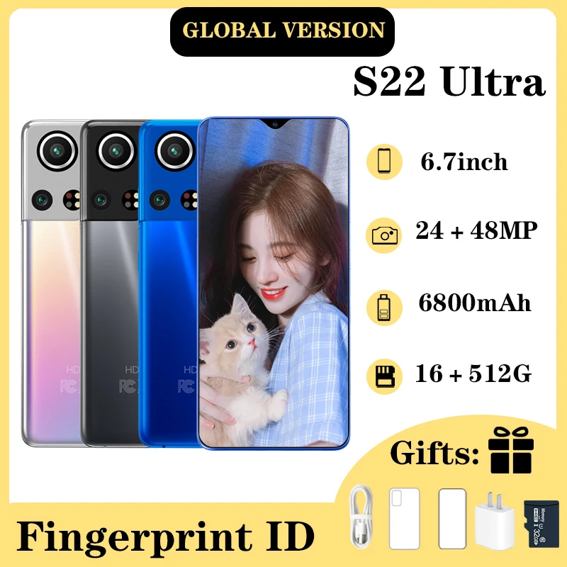 

Смартфон Samsug S22, 16 ГБ, 512 ГБ, разблокированный телефон с функцией распознавания лица, 6,7 дюймов, Android 10, 6000 мАч, смартфон 4G