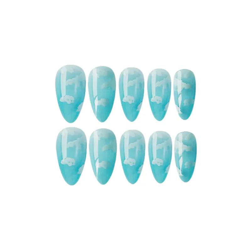 

TXD 24 Pieces/set of Blue Sky and White Clouds Pattern Design Fake Nails Diy Nail Tools French Full Coverage Fake Nail Glue