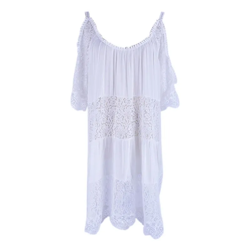 

New White Spaghetti Strap Dress Layered Lace Hollow Out Bikini Cover-Up Off-the-Shoulder Swimsuit Bathing Suit Mini Beach Dress