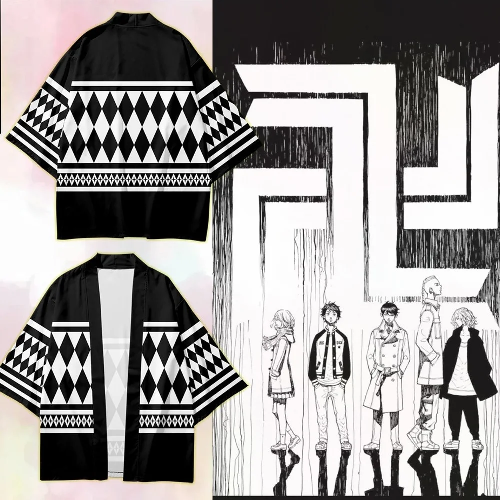 

Tokyo Revengers T-shirt Hanagaki Takemichi Ken Ryuguji Anime T-Shirt Polyester Summer Tees Tops Black and White Pattern Haori