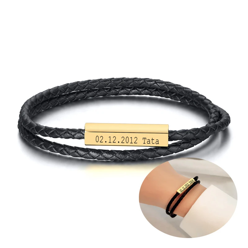 Двухслойный плетеный браслет из натуральной кожи со стальной пряжкой с именем