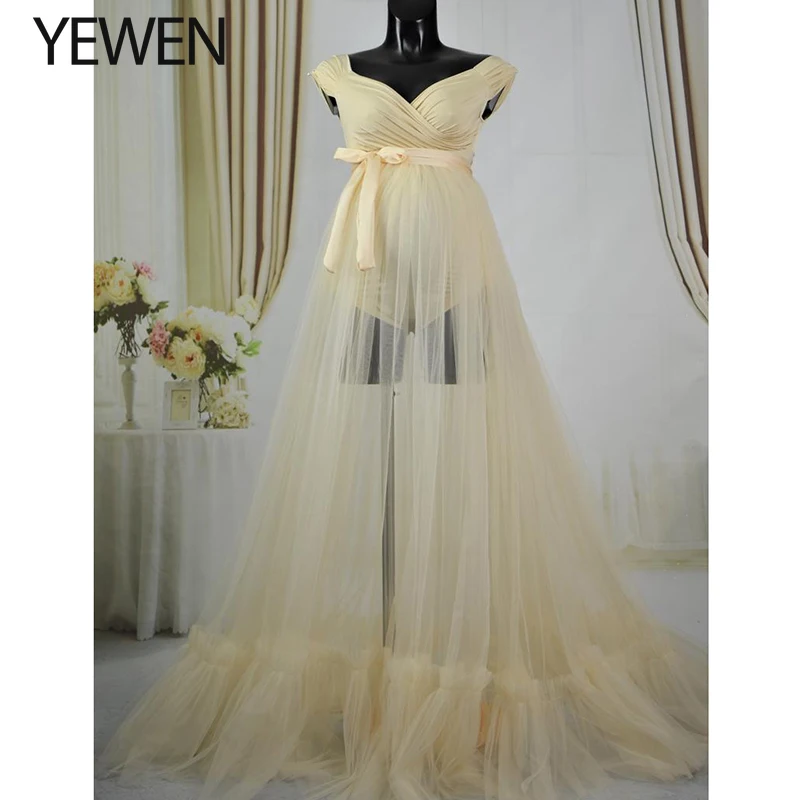 

Cream Yellow Maternity Dress for Baby Shower Long Maternity Gown for Photo Shoot Fancy Photograph Props with bodysuit