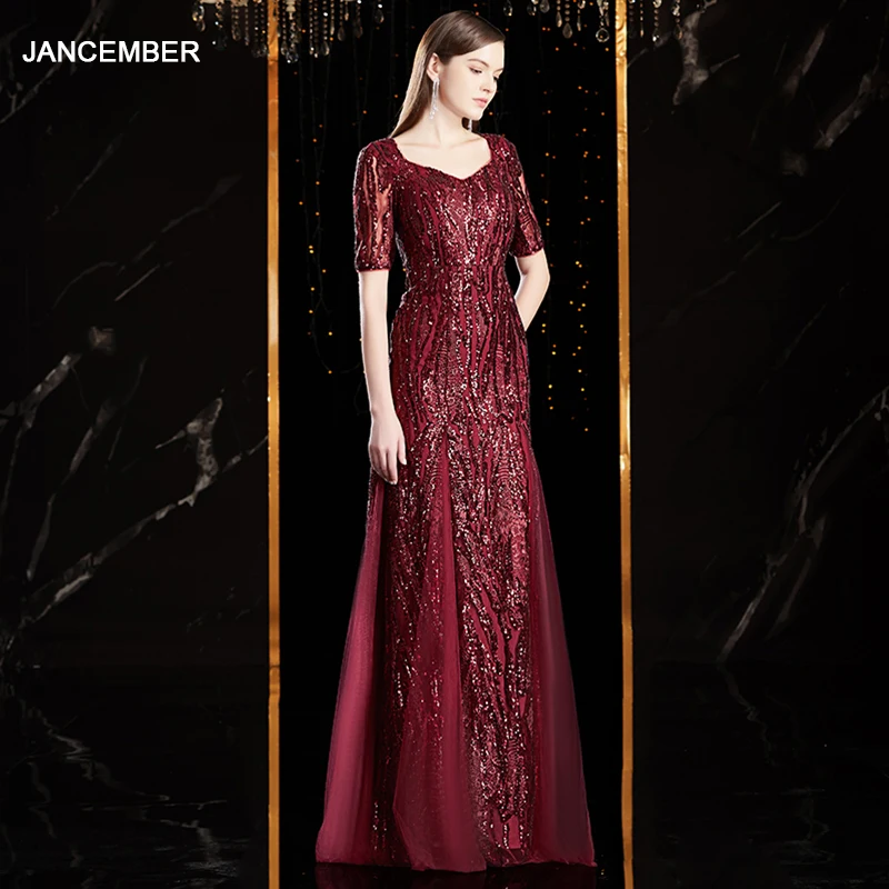 

Красное платье русалки J9026 janceber с глубоким v-образным вырезом и рукавом до локтя, расшитое бисером, с блестками, на молнии сзади, платья для но...